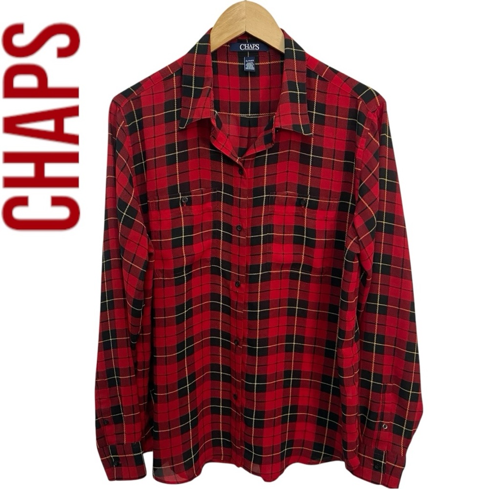Chaps Red Plaid Button Down Lightweight Shirt Top -Women’s Large - Picture 6 of 11